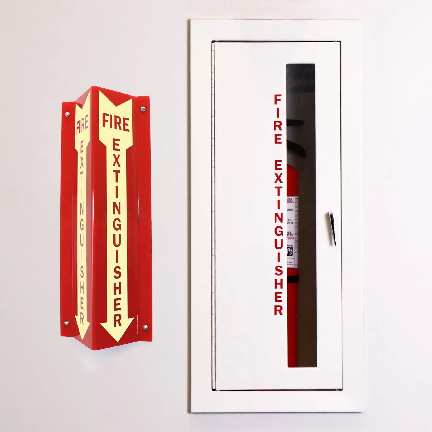 SmartSign "Fire Extinguisher" Two-Sided V-Shaped Projecting Sign with Down Arrow, 18 x 4 inch, 120 mil Thick Glow-In-The-Dark Polished Acrylic, Photoluminescent