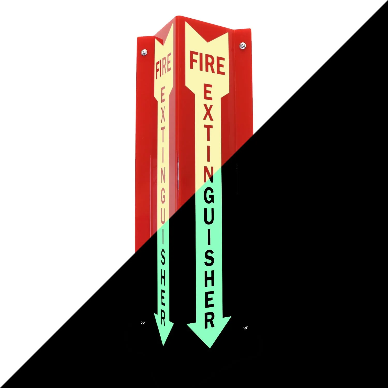 SmartSign "Fire Extinguisher" Two-Sided V-Shaped Projecting Sign with Down Arrow, 18 x 4 inch, 120 mil Thick Glow-In-The-Dark Polished Acrylic, Photoluminescent