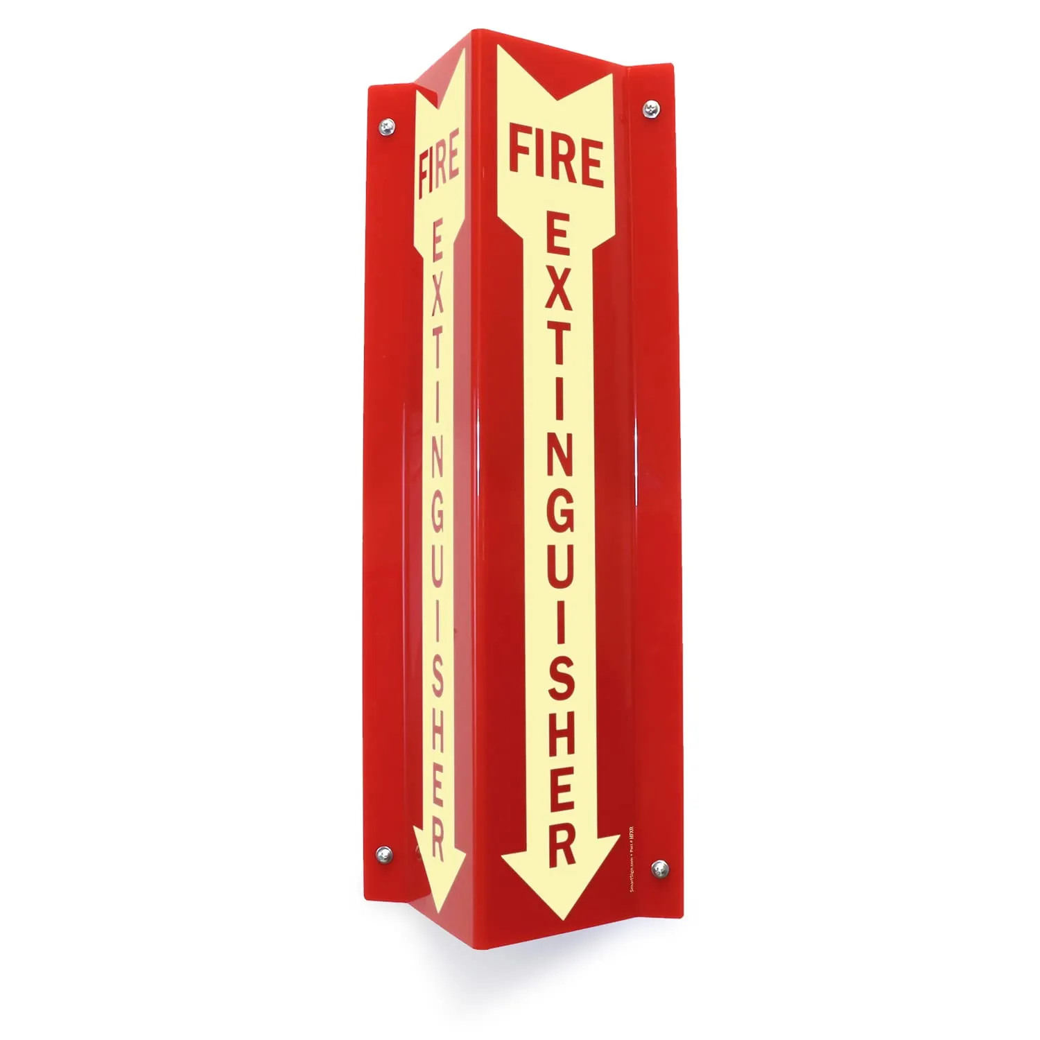 SmartSign "Fire Extinguisher" Two-Sided V-Shaped Projecting Sign with Down Arrow, 18 x 4 inch, 120 mil Thick Glow-In-The-Dark Polished Acrylic, Photoluminescent