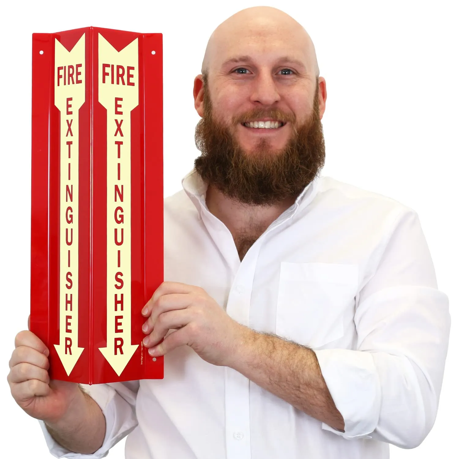 SmartSign "Fire Extinguisher" Two-Sided V-Shaped Projecting Sign with Down Arrow, 18 x 4 inch, 120 mil Thick Glow-In-The-Dark Polished Acrylic, Photoluminescent