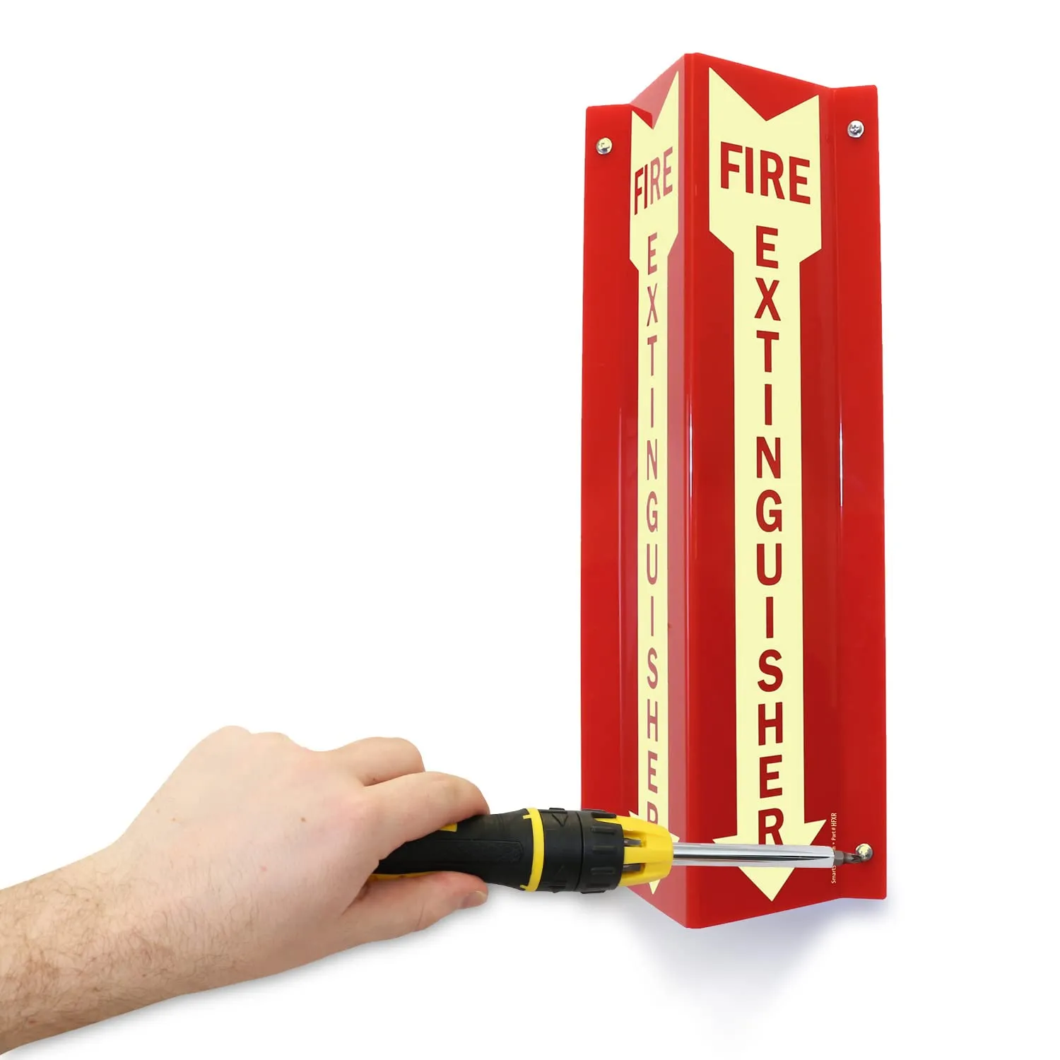 SmartSign "Fire Extinguisher" Two-Sided V-Shaped Projecting Sign with Down Arrow, 18 x 4 inch, 120 mil Thick Glow-In-The-Dark Polished Acrylic, Photoluminescent