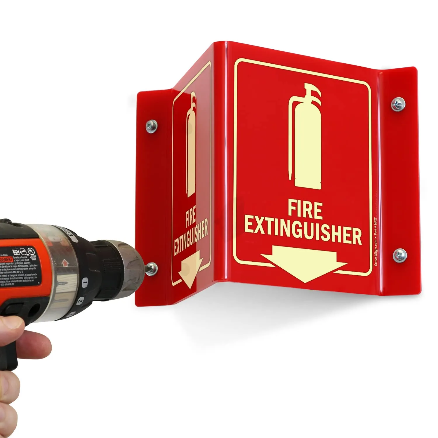 SmartSign "Fire Extinguisher" Two-Sided V-Shaped Projecting Sign with Down Arrow, 6 x 5 inch, 120 mil Thick Glow-In-The-Dark Polished Acrylic, Photoluminescent