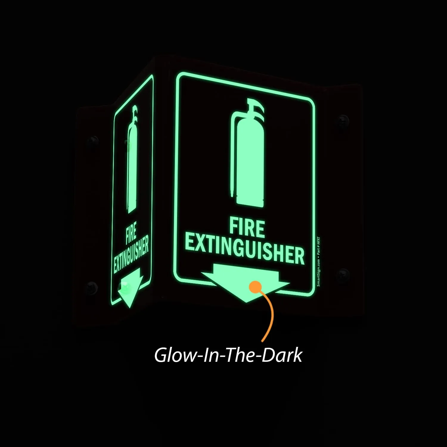 SmartSign "Fire Extinguisher" Two-Sided V-Shaped Projecting Sign with Down Arrow, 6 x 5 inch, 120 mil Thick Glow-In-The-Dark Polished Acrylic, Photoluminescent