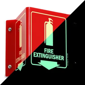 SmartSign "Fire Extinguisher" Two-Sided V-Shaped Projecting Sign with Down Arrow, 6 x 5 inch, 120 mil Thick Glow-In-The-Dark Polished Acrylic, Photoluminescent