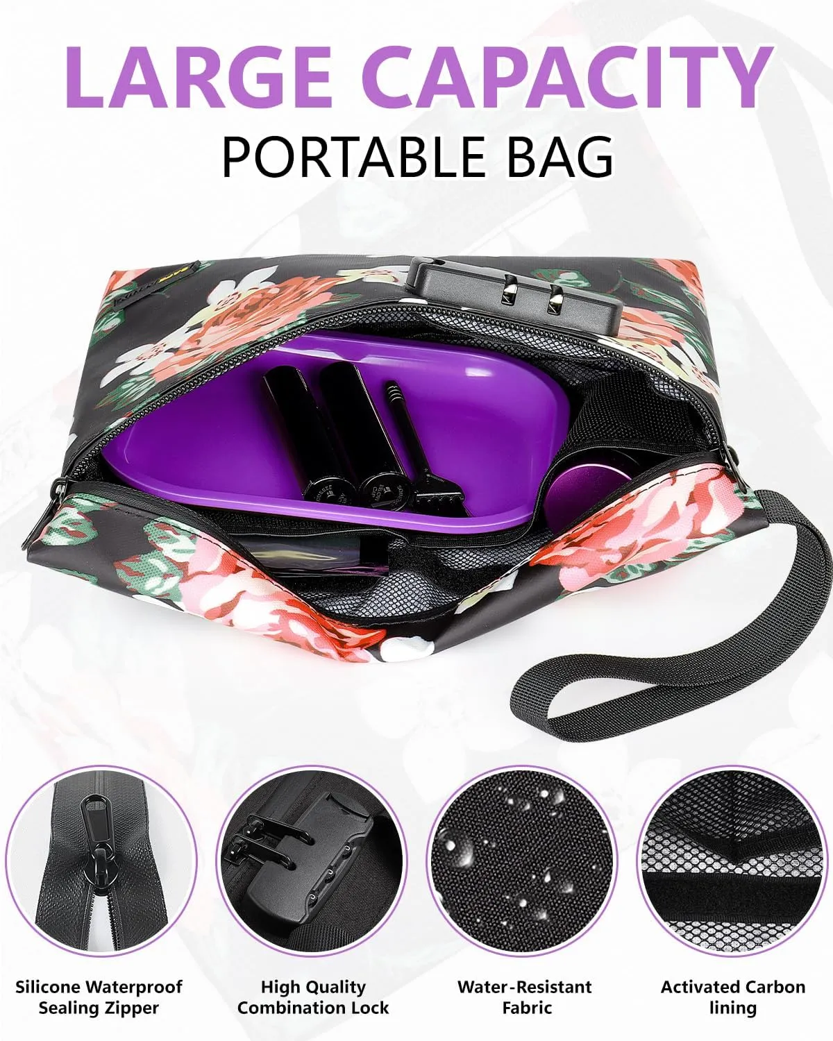 Smell Proof Bag with Combination Lock,11.5'' x 8.6'' Odor Proof Container Carbon Lining Smoking Tobacco Pipe Pouch, Odorless Durable Travel Organizer Cases (Flower Combo)