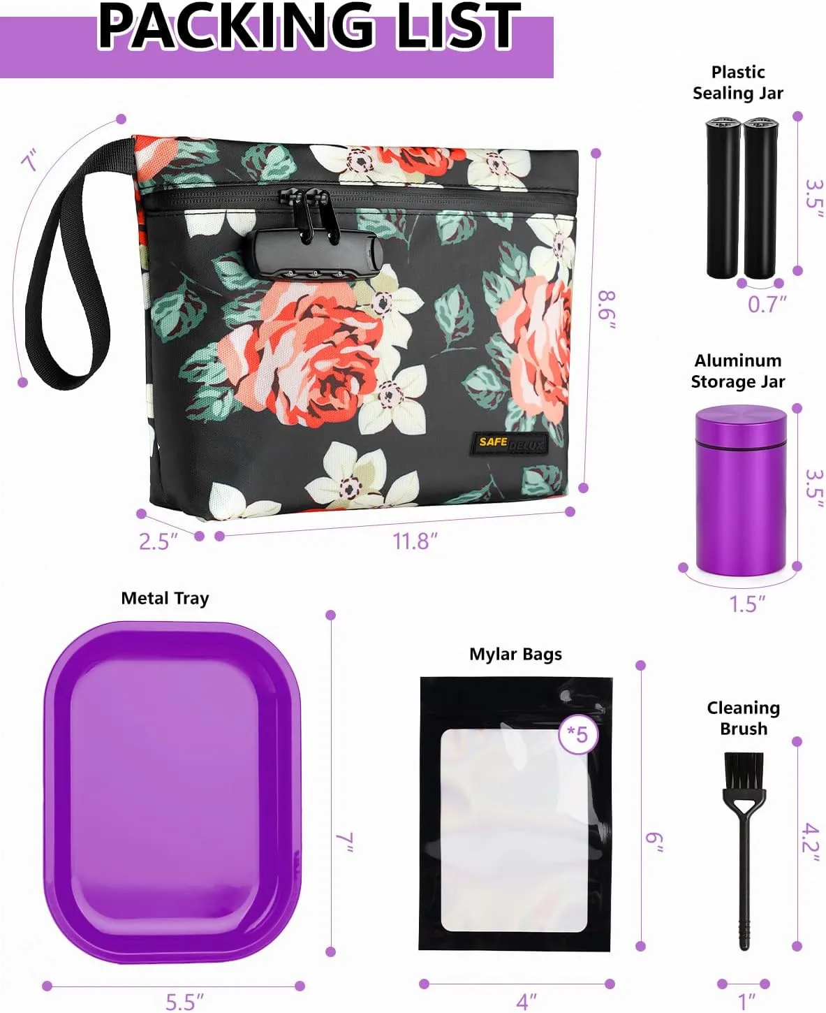 Smell Proof Bag with Combination Lock,11.5'' x 8.6'' Odor Proof Container Carbon Lining Smoking Tobacco Pipe Pouch, Odorless Durable Travel Organizer Cases (Flower Combo)