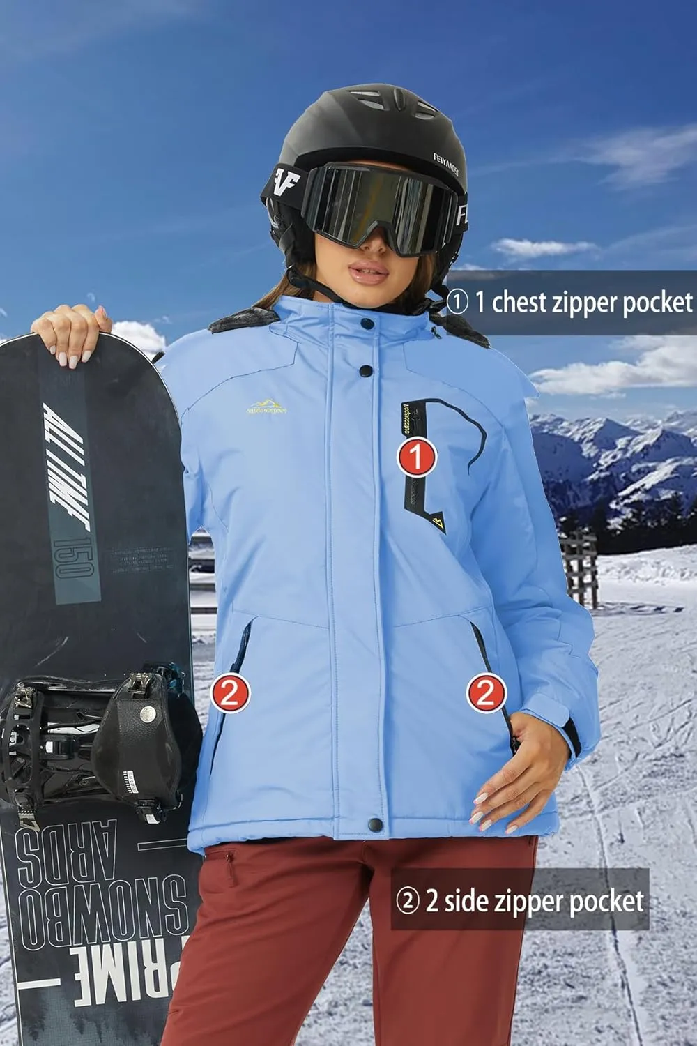 SMENG Womens Ski Jacket Waterproof Warm Winter Coats Windproof Fleece Lined Jacket Detachable Hood