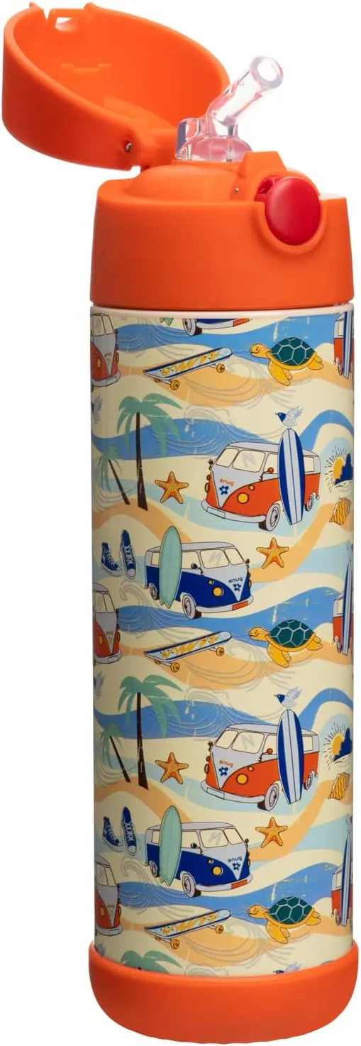 Snug Kids Water Bottle - insulated stainless steel thermos with straw (Girls/Boys) - Beach, 17oz