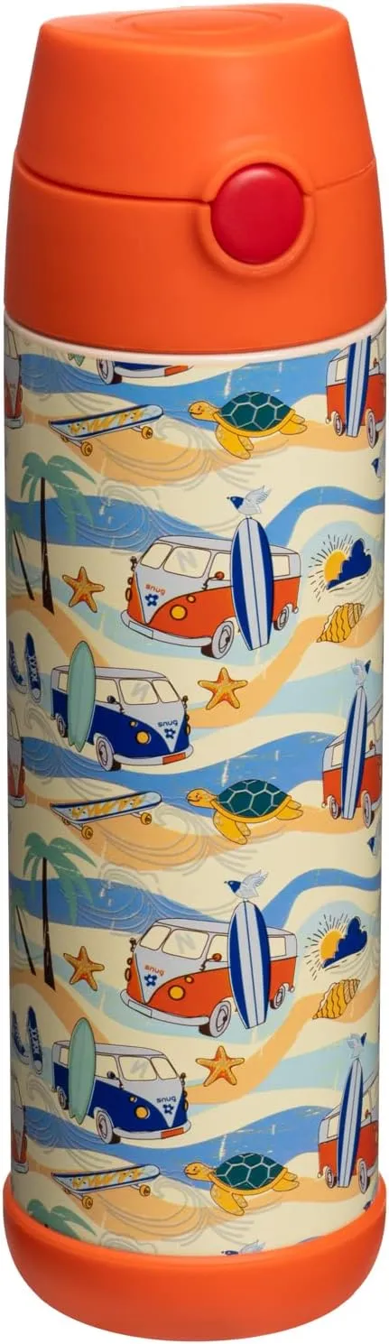 Snug Kids Water Bottle - insulated stainless steel thermos with straw (Girls/Boys) - Beach, 17oz