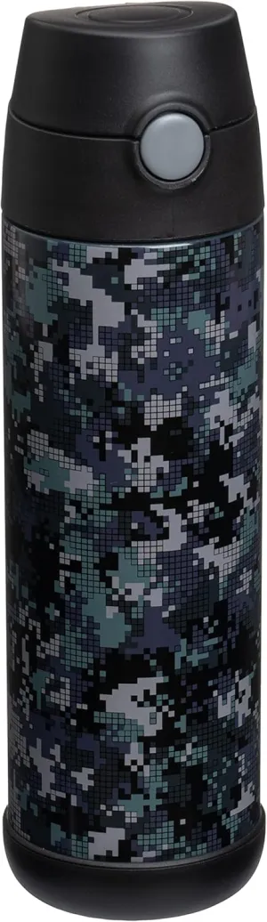Snug Kids Water Bottle - insulated stainless steel thermos with straw (Girls/Boys) - Black Digi Camo, 17oz