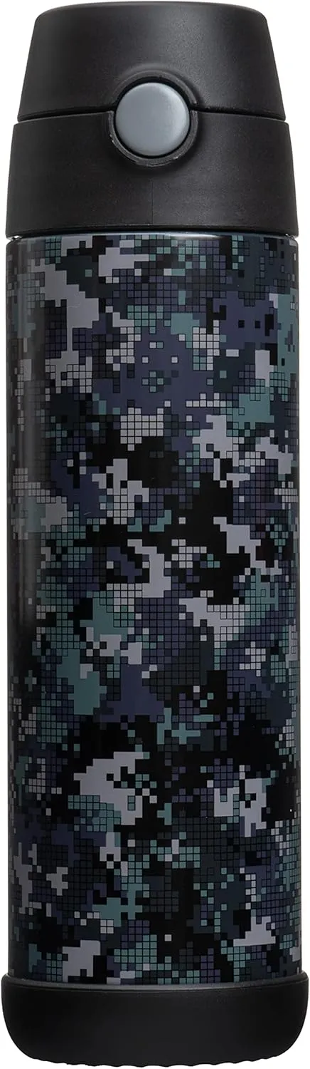Snug Kids Water Bottle - insulated stainless steel thermos with straw (Girls/Boys) - Black Digi Camo, 17oz