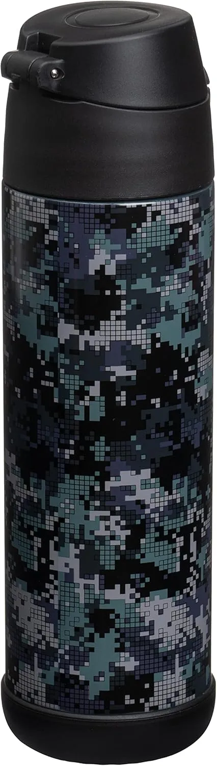 Snug Kids Water Bottle - insulated stainless steel thermos with straw (Girls/Boys) - Black Digi Camo, 17oz