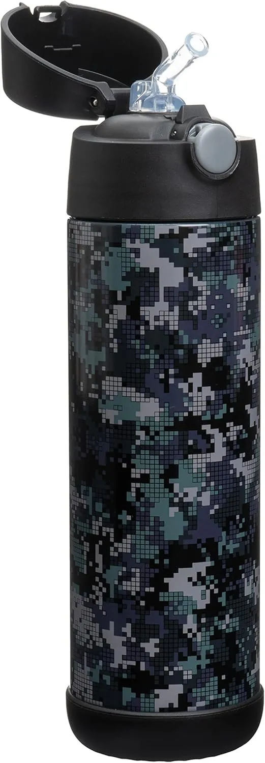 Snug Kids Water Bottle - insulated stainless steel thermos with straw (Girls/Boys) - Black Digi Camo, 17oz