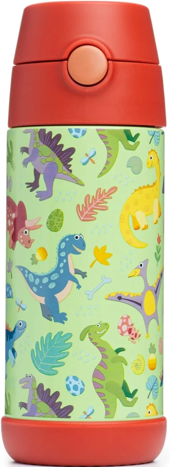 Snug Kids Water Bottle - insulated stainless steel thermos with straw (Girls/Boys) - Dinosaurs, 12oz
