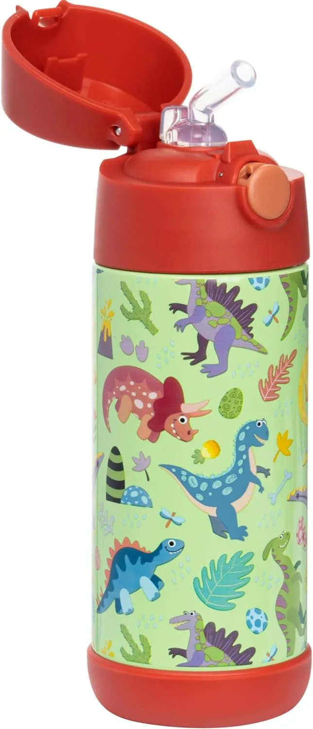 Snug Kids Water Bottle - insulated stainless steel thermos with straw (Girls/Boys) - Dinosaurs, 12oz