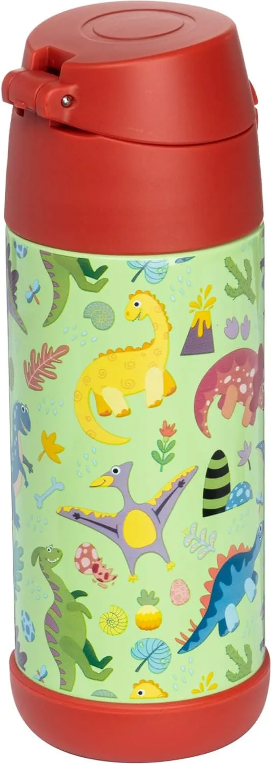 Snug Kids Water Bottle - insulated stainless steel thermos with straw (Girls/Boys) - Dinosaurs, 12oz
