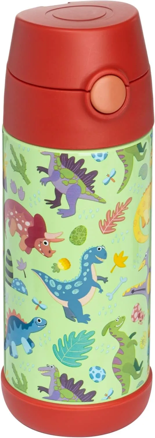 Snug Kids Water Bottle - insulated stainless steel thermos with straw (Girls/Boys) - Dinosaurs, 12oz