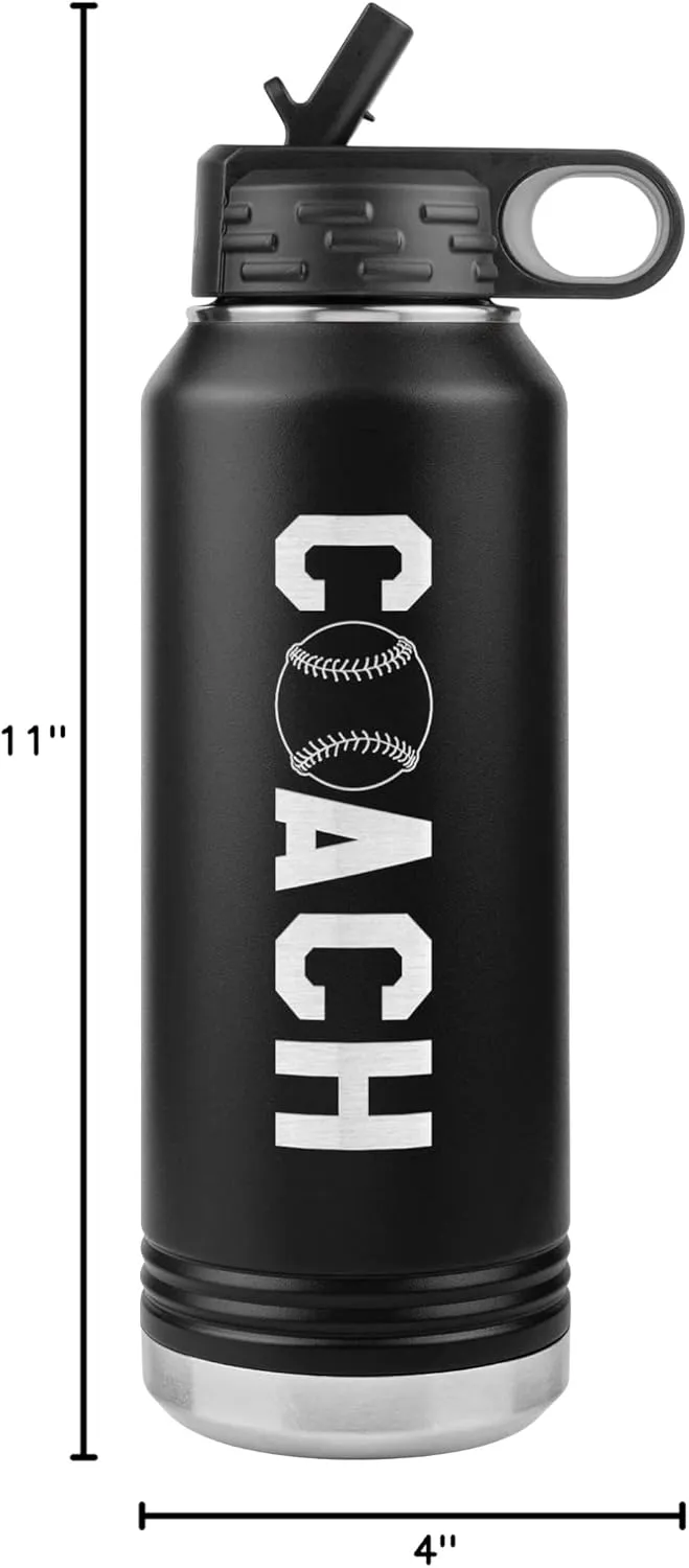 Softball Coach Water Bottle - 32oz Insulated Engraved Stainless Steel Flip Top with Straw Softball Coach Gift Black