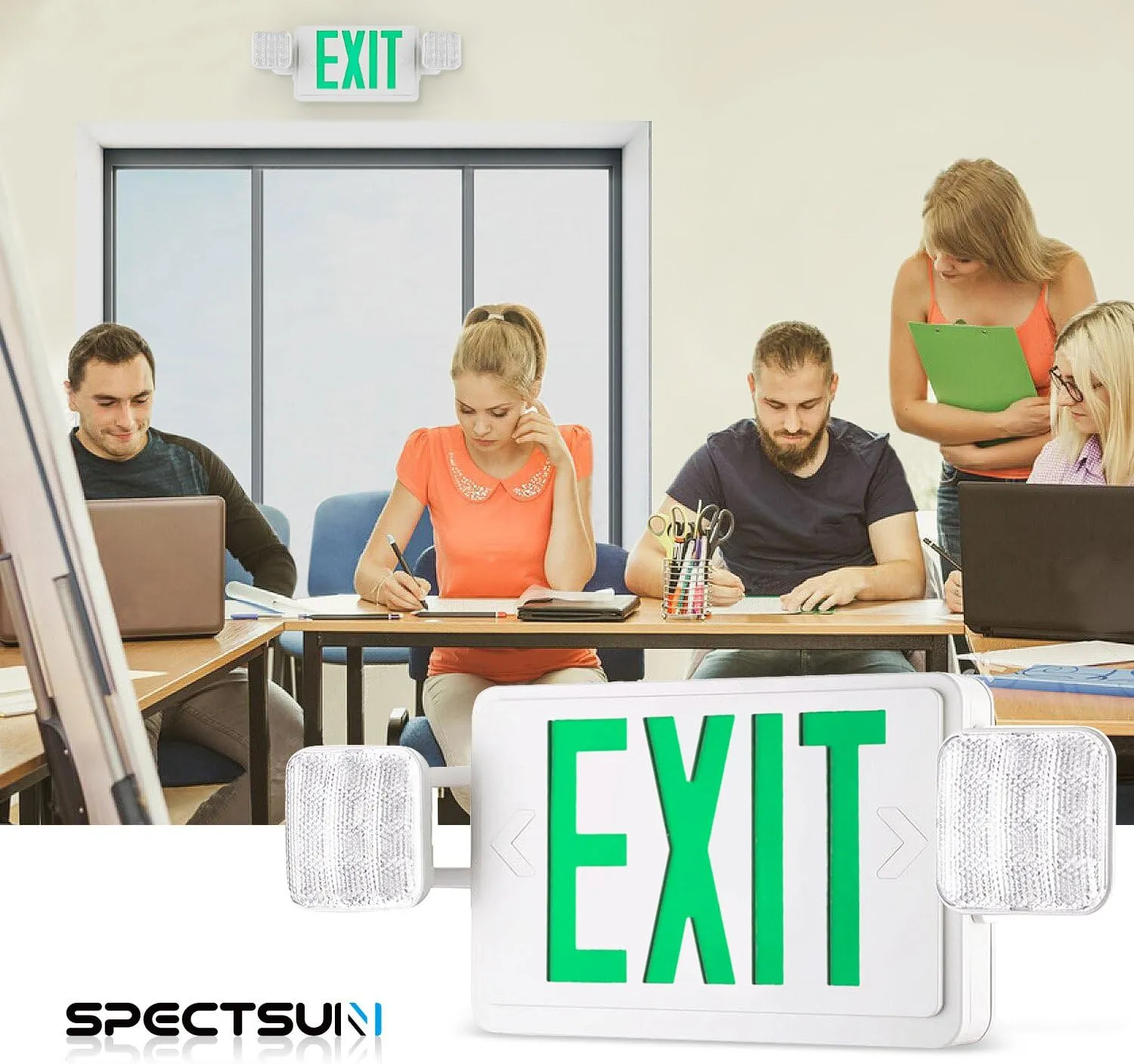 SPECTSUN Led Green Emergency Exit Lights with Battery Backup -Two Adjustable LED Exit Lights Combo, Backup Battery, 120-277V, Wall Or Ceiling Mount, Commercial Grade Double Sided UL