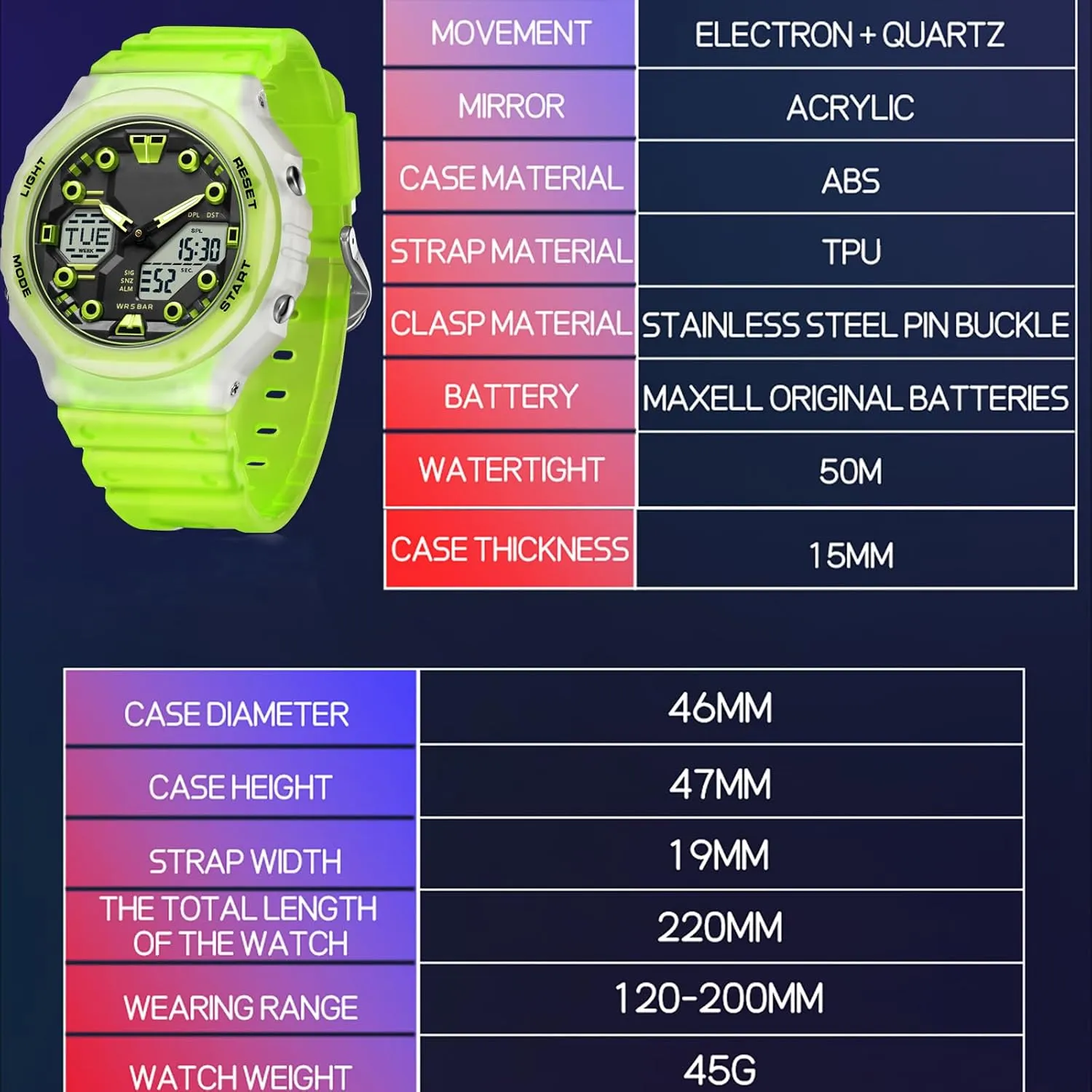 Sport Watches for Men Women, Relojes para Hombres Digital Analog 5ATM Waterproof Watch with Countdown Alarm 12/24H World Time Stopwatch