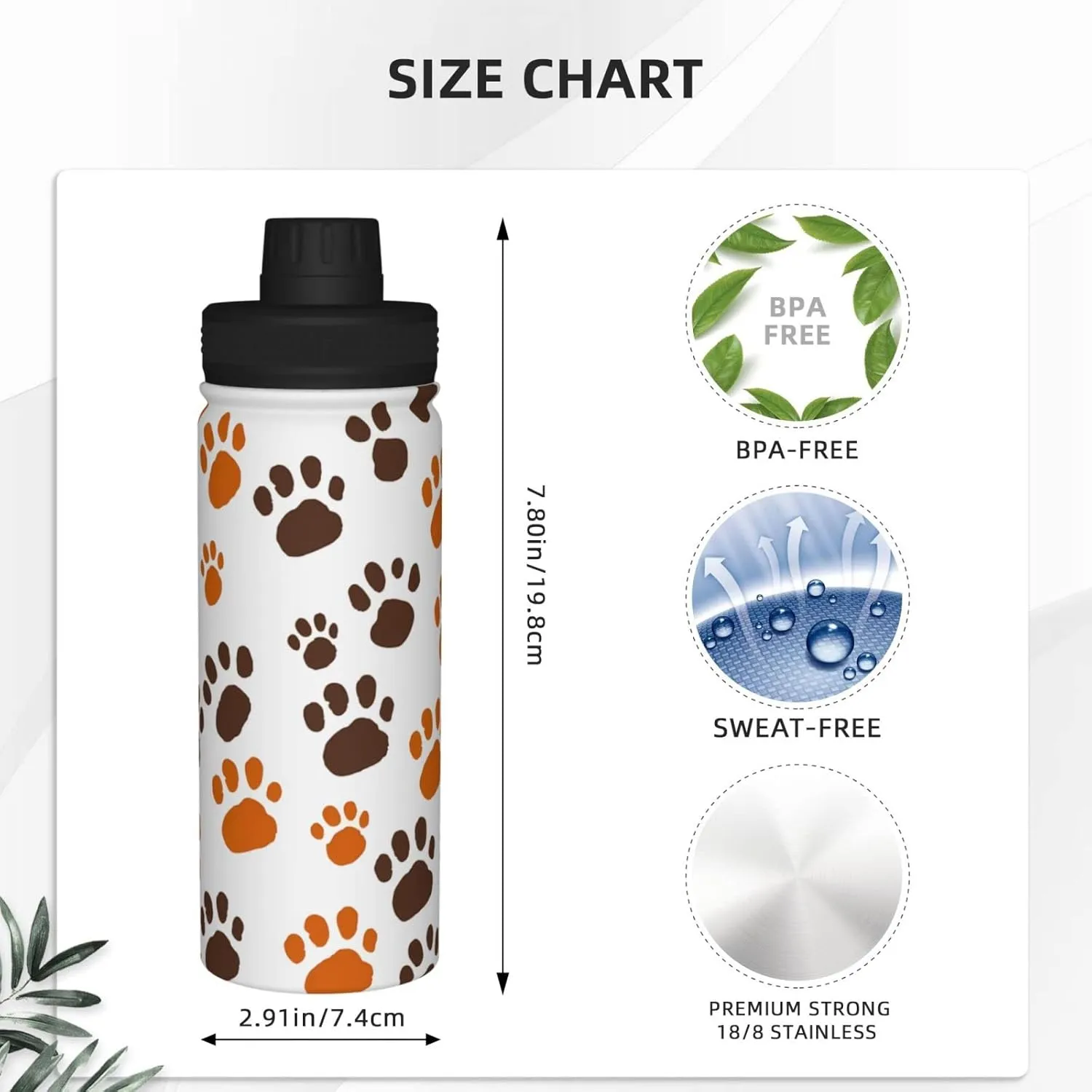Sports Water Bottle Dogs Paw Prints Insulated Stainless Steel Water Bottles, 18 oz Water Cup Flask for Fitness Outdoor Sports Hiking Cycling