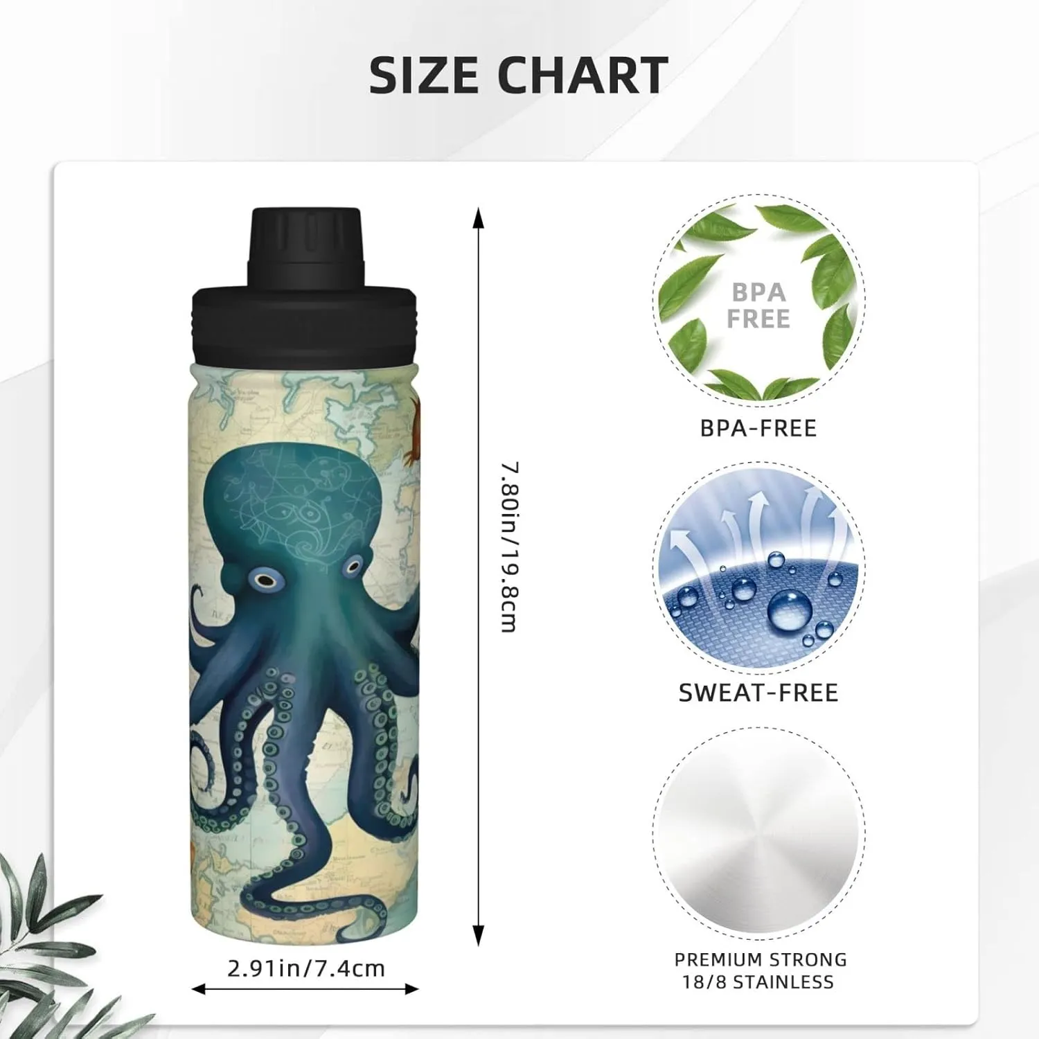 Sports Water Bottle Ocean World Octopus Insulated Stainless Steel Water Bottles, 18 oz Water Cup Flask for Fitness Outdoor Sports Gym Running