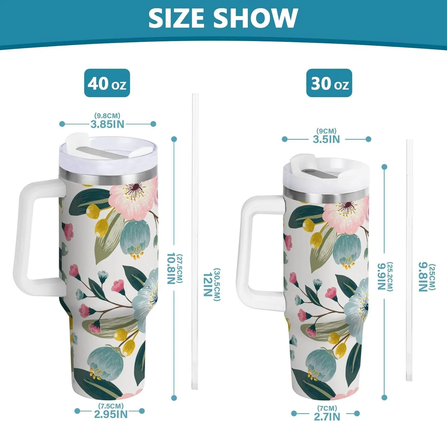 Stainless Steel Car Travel Mug, Thermal Tumbler Insulated Water Bottle Hot Holder Vacuum Coffee Cold Tea Cup 40 oz Seamless Floral Pattern with Spring Flowers Pink Turquoise Color