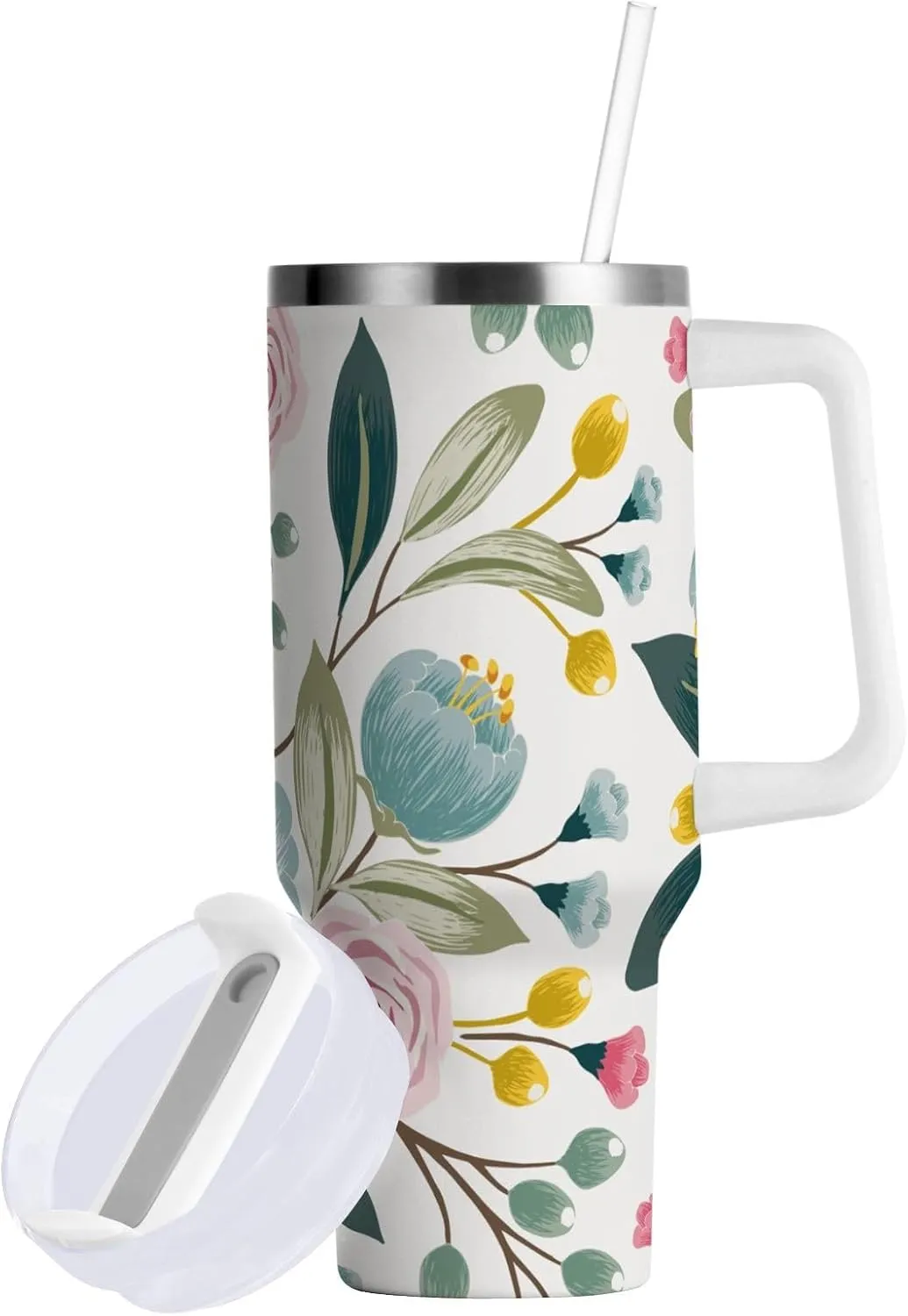 Stainless Steel Car Travel Mug, Thermal Tumbler Insulated Water Bottle Hot Holder Vacuum Coffee Cold Tea Cup 40 oz Seamless Floral Pattern with Spring Flowers Pink Turquoise Color
