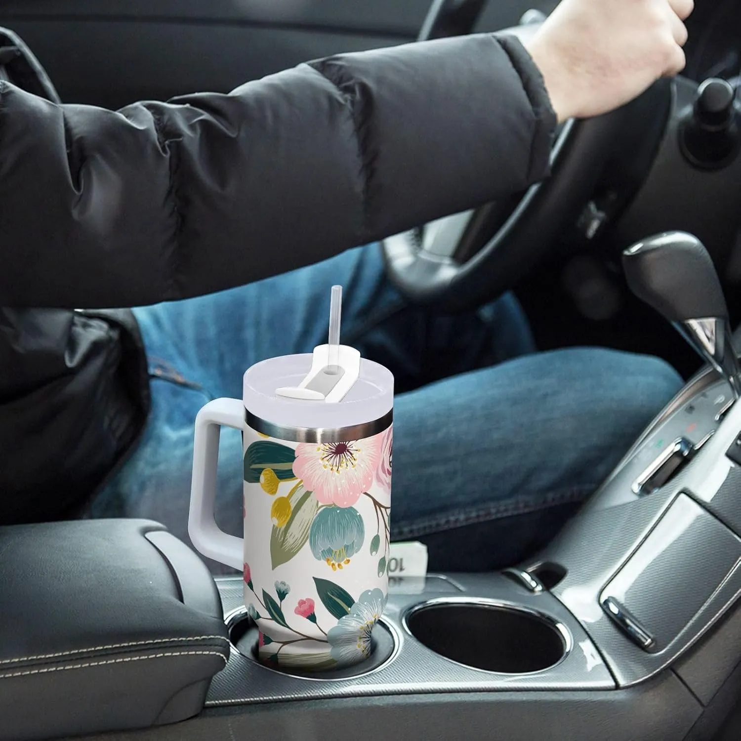 Stainless Steel Car Travel Mug, Thermal Tumbler Insulated Water Bottle Hot Holder Vacuum Coffee Cold Tea Cup 40 oz Seamless Floral Pattern with Spring Flowers Pink Turquoise Color