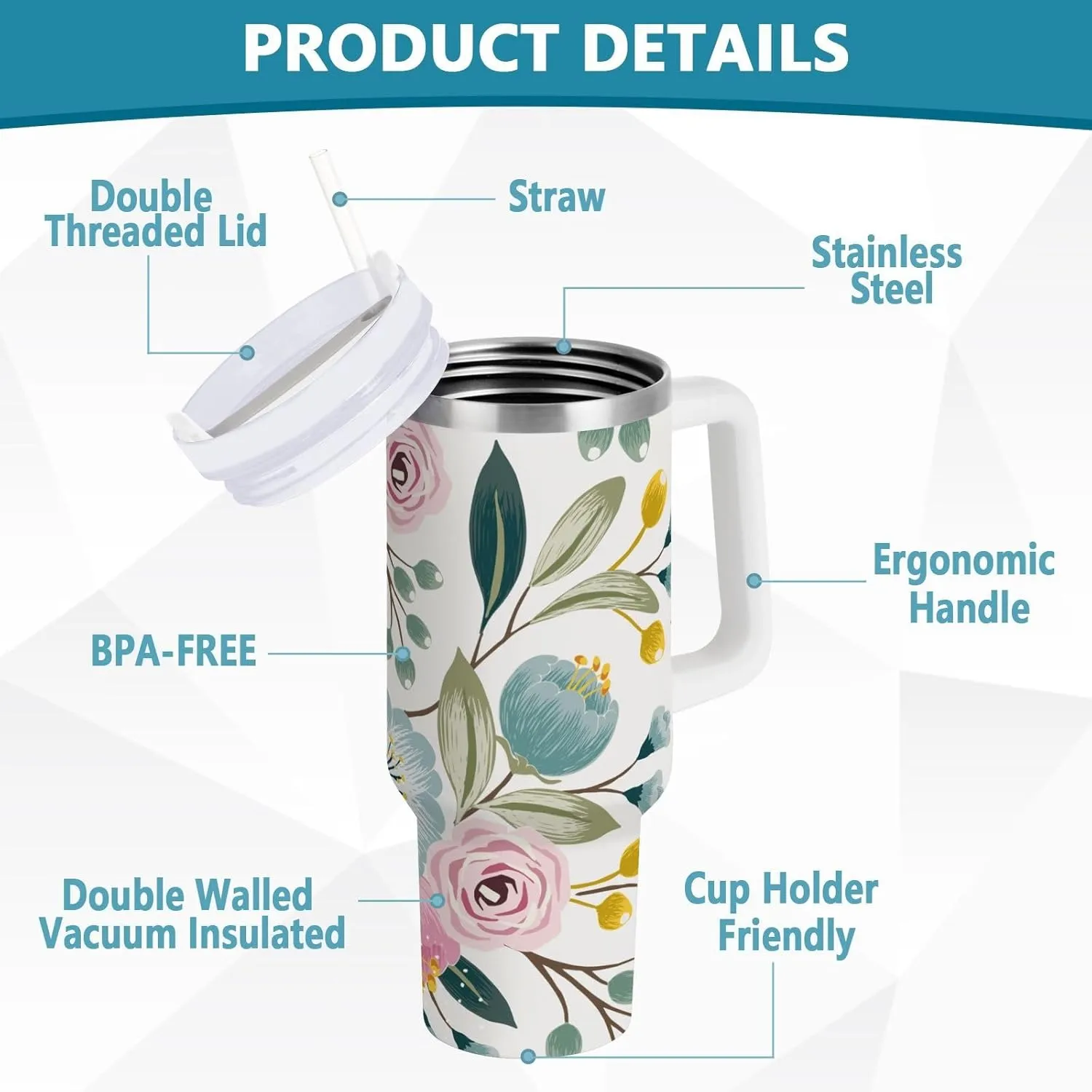 Stainless Steel Car Travel Mug, Thermal Tumbler Insulated Water Bottle Hot Holder Vacuum Coffee Cold Tea Cup 40 oz Seamless Floral Pattern with Spring Flowers Pink Turquoise Color