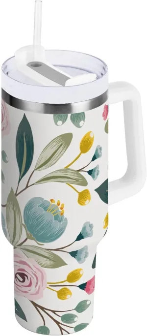 Stainless Steel Car Travel Mug, Thermal Tumbler Insulated Water Bottle Hot Holder Vacuum Coffee Cold Tea Cup 40 oz Seamless Floral Pattern with Spring Flowers Pink Turquoise Color