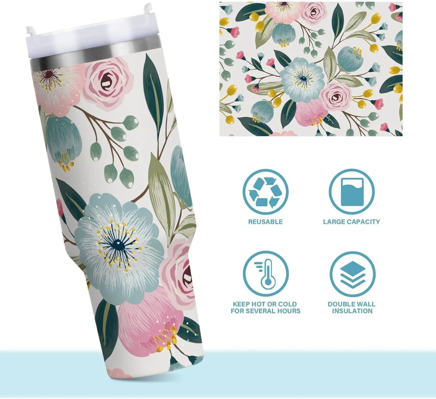 Stainless Steel Car Travel Mug, Thermal Tumbler Insulated Water Bottle Hot Holder Vacuum Coffee Cold Tea Cup 40 oz Seamless Floral Pattern with Spring Flowers Pink Turquoise Color