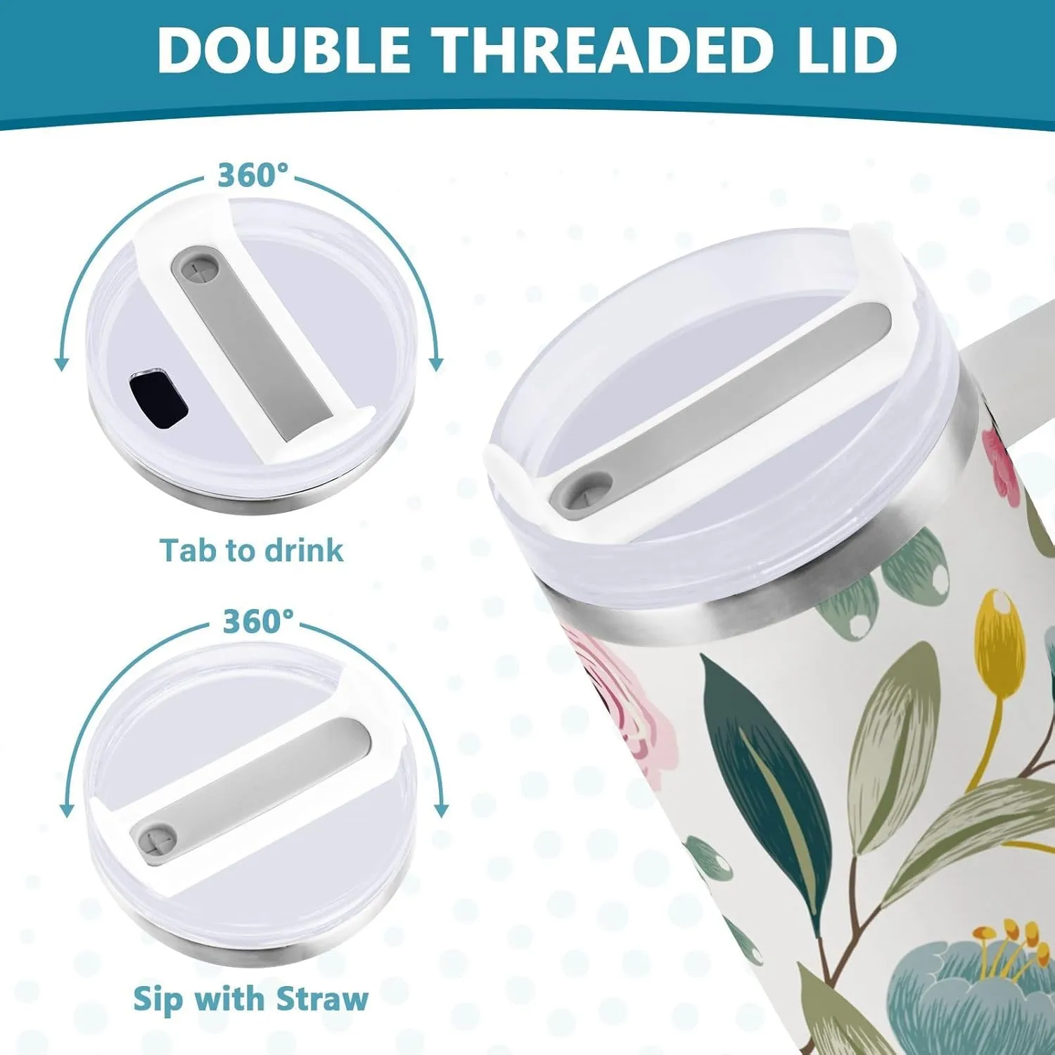 Stainless Steel Car Travel Mug, Thermal Tumbler Insulated Water Bottle Hot Holder Vacuum Coffee Cold Tea Cup 40 oz Seamless Floral Pattern with Spring Flowers Pink Turquoise Color