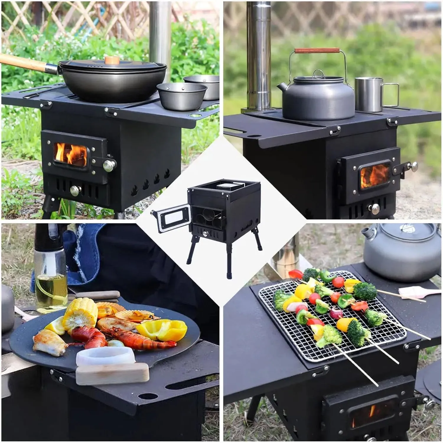 Stainless Steel Hot Tent Wood Stove, Outdoor Cooking Stove Folding & Lightweight Wood Burning Stove for Picnic Hiking Backpacking BBQ