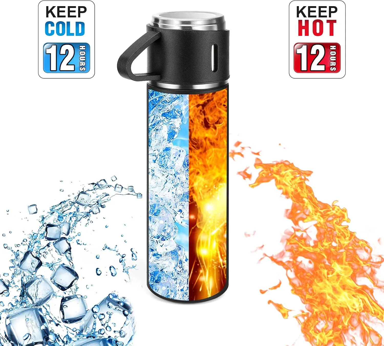 Stainless Steel Thermo 500ml/16.9oz Vacuum Insulated Bottle with Cup for Coffee Hot drink and Cold drink water flask.(Black,Single)