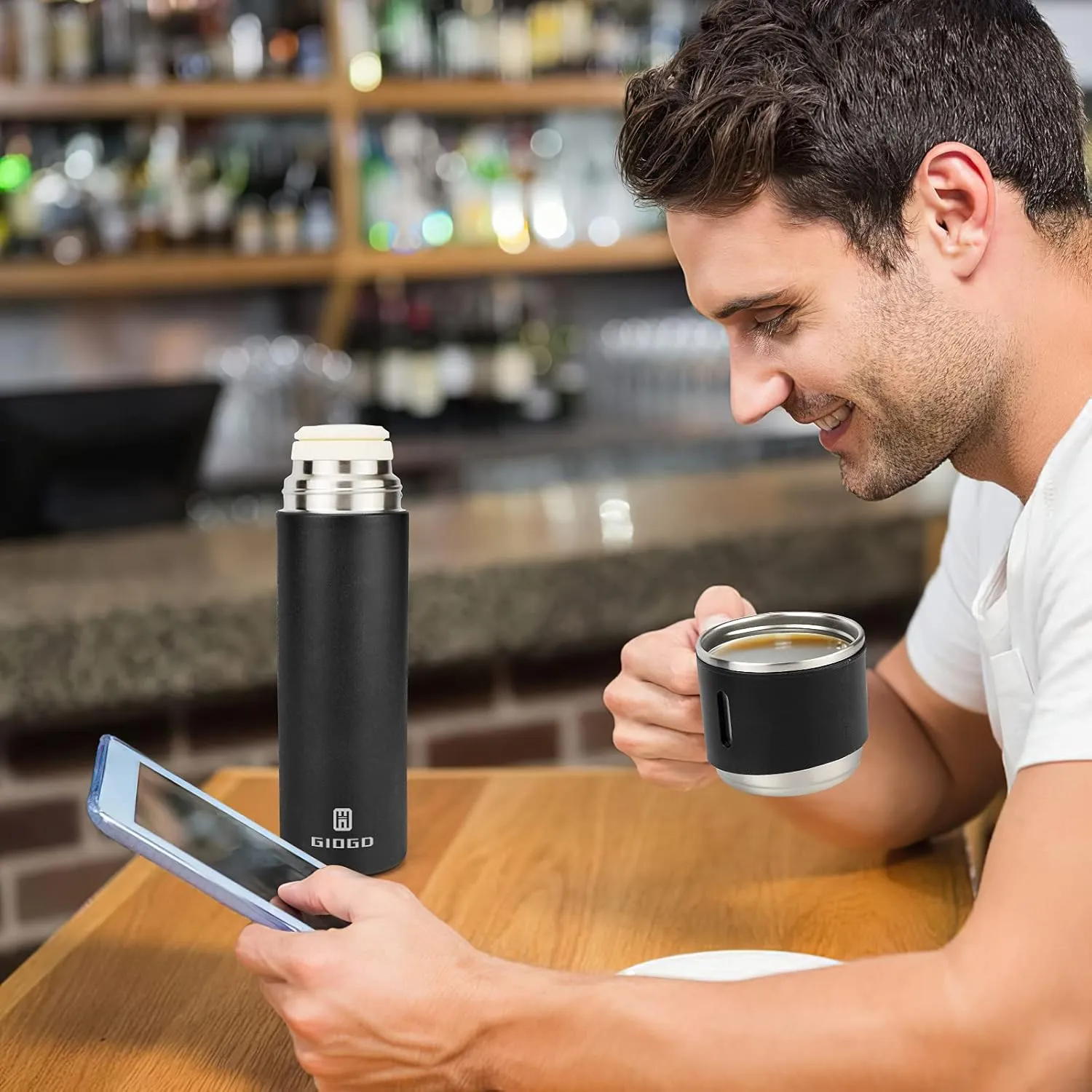 Stainless Steel Thermo 500ml/16.9oz Vacuum Insulated Bottle with Cup for Coffee Hot drink and Cold drink water flask.(Black,Single)