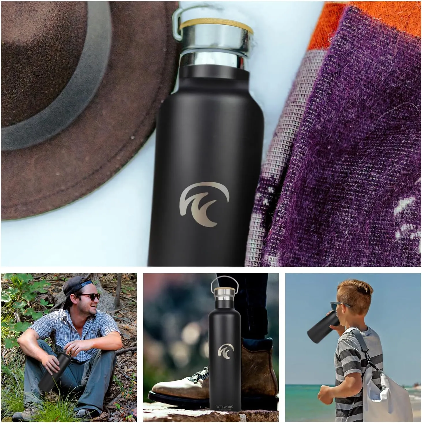 Stainless Steel Water Bottle for Hot and Cold Drinks - Double Wall Insulated Thermos for Water, Soda, Coffee, Tea with Wide Mouth, Metal Handle, Bamboo Top - Great for Travel, Hiking, Camping