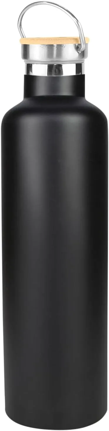 Stainless Steel Water Bottle for Hot and Cold Drinks - Double Wall Insulated Thermos for Water, Soda, Coffee, Tea with Wide Mouth, Metal Handle, Bamboo Top - Great for Travel, Hiking, Camping