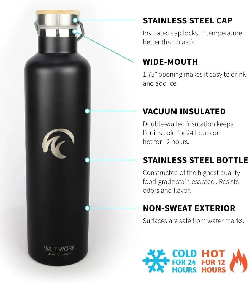 Stainless Steel Water Bottle for Hot and Cold Drinks - Double Wall Insulated Thermos for Water, Soda, Coffee, Tea with Wide Mouth, Metal Handle, Bamboo Top - Great for Travel, Hiking, Camping
