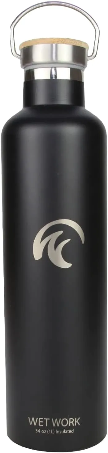 Stainless Steel Water Bottle for Hot and Cold Drinks - Double Wall Insulated Thermos for Water, Soda, Coffee, Tea with Wide Mouth, Metal Handle, Bamboo Top - Great for Travel, Hiking, Camping
