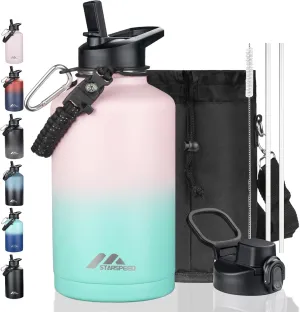 StarSpeed 64oz Insulated Water Bottle with Straws & 2 Lids, Half Gallon Stainless Steel Double Walled Vacuum Water Jug, Large Wide Mouth with Paracord Handle for Gym Camping Hiking, Pink Green