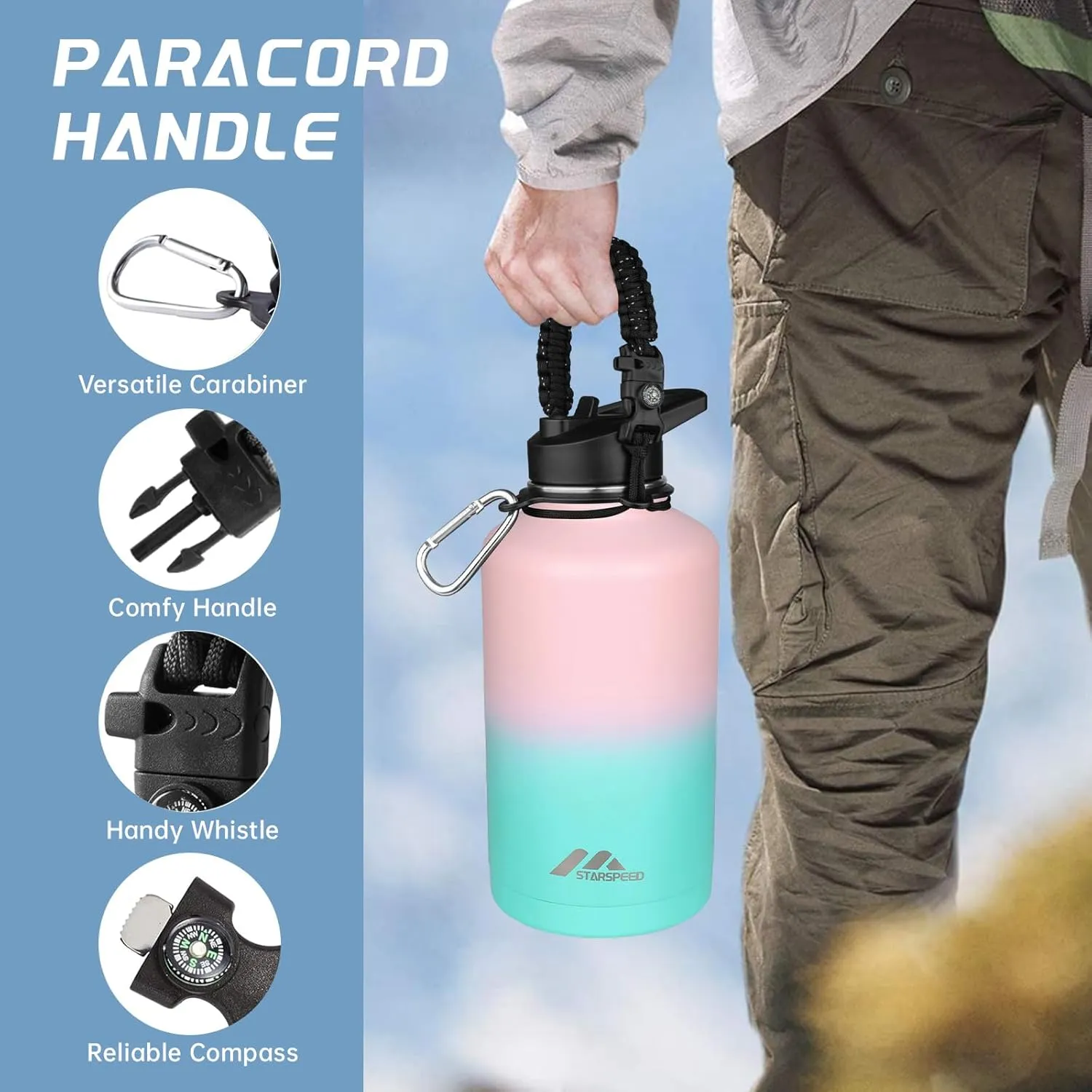 StarSpeed 64oz Insulated Water Bottle with Straws & 2 Lids, Half Gallon Stainless Steel Double Walled Vacuum Water Jug, Large Wide Mouth with Paracord Handle for Gym Camping Hiking, Pink Green