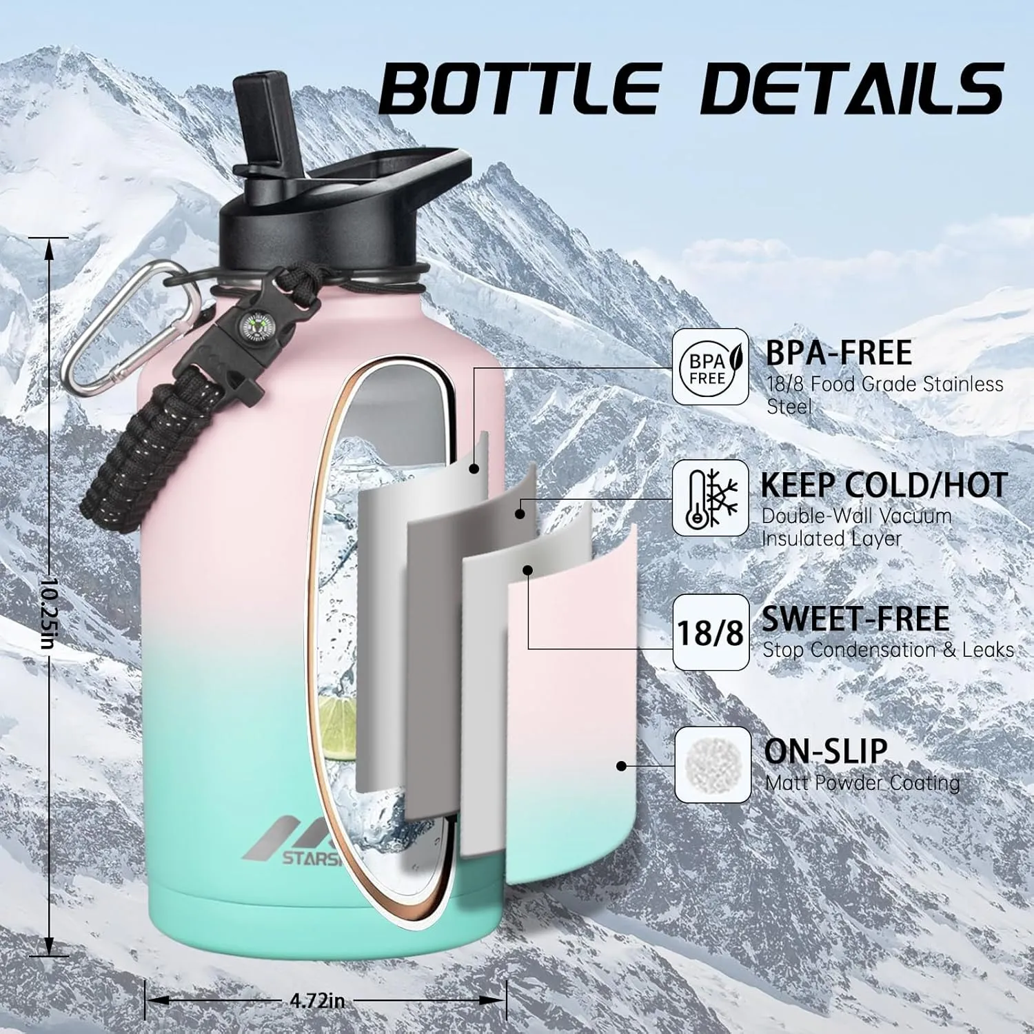 StarSpeed 64oz Insulated Water Bottle with Straws & 2 Lids, Half Gallon Stainless Steel Double Walled Vacuum Water Jug, Large Wide Mouth with Paracord Handle for Gym Camping Hiking, Pink Green