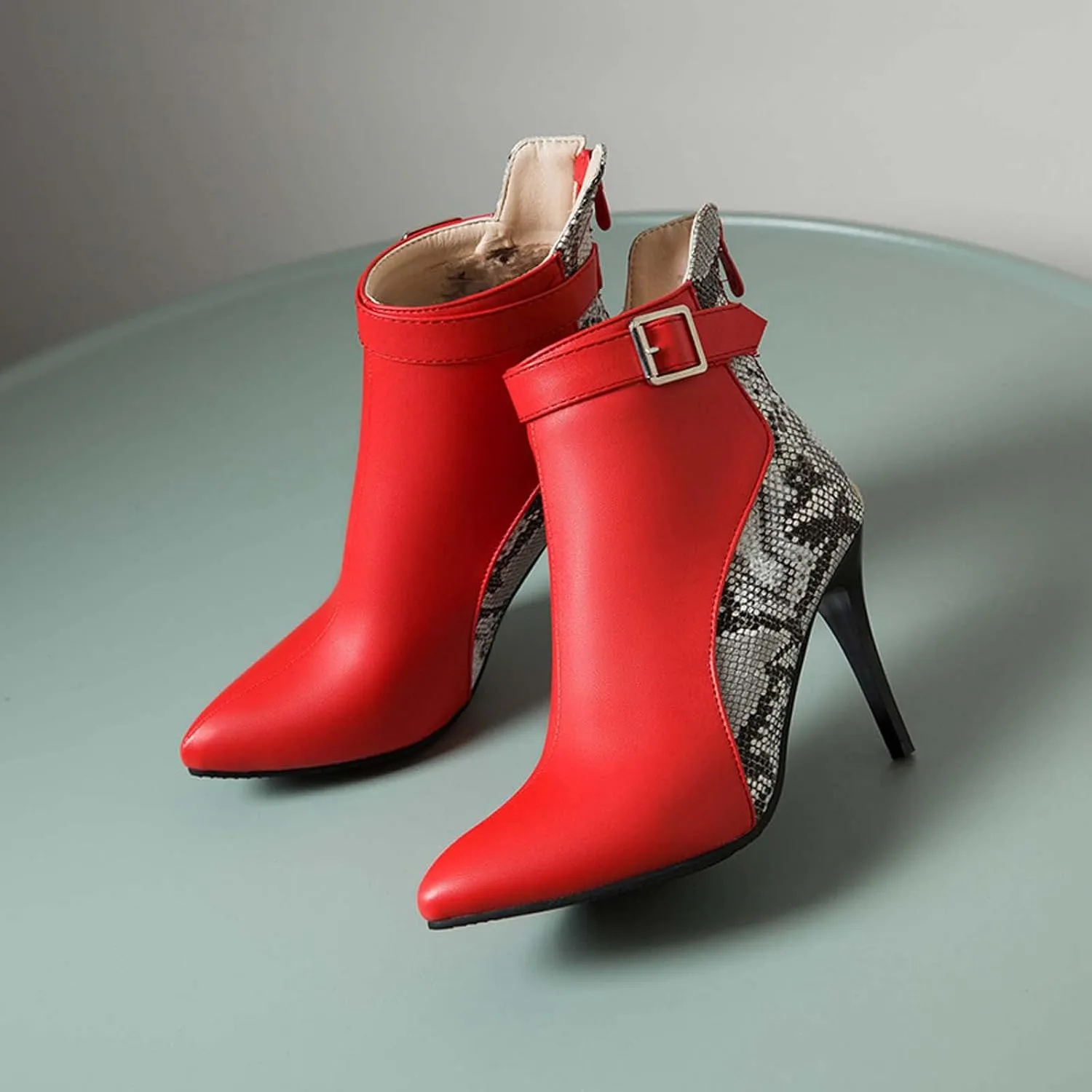Stiletto Ankle Boots for Women - 2021 Fashion Pointed Toe Back Zipper Belt Buckle Snake Pattern Stitching Short Booties Casual High Heels Shoes