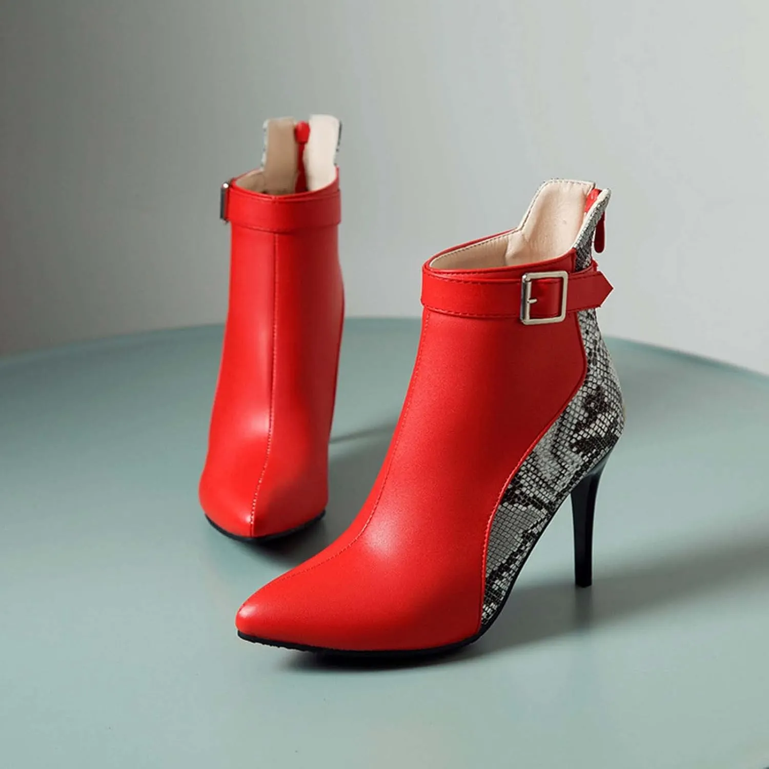 Stiletto Ankle Boots for Women - 2021 Fashion Pointed Toe Back Zipper Belt Buckle Snake Pattern Stitching Short Booties Casual High Heels Shoes