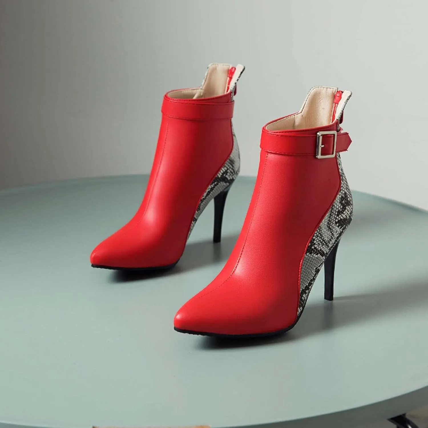 Stiletto Ankle Boots for Women - 2021 Fashion Pointed Toe Back Zipper Belt Buckle Snake Pattern Stitching Short Booties Casual High Heels Shoes