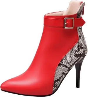 Stiletto Ankle Boots for Women - 2021 Fashion Pointed Toe Back Zipper Belt Buckle Snake Pattern Stitching Short Booties Casual High Heels Shoes