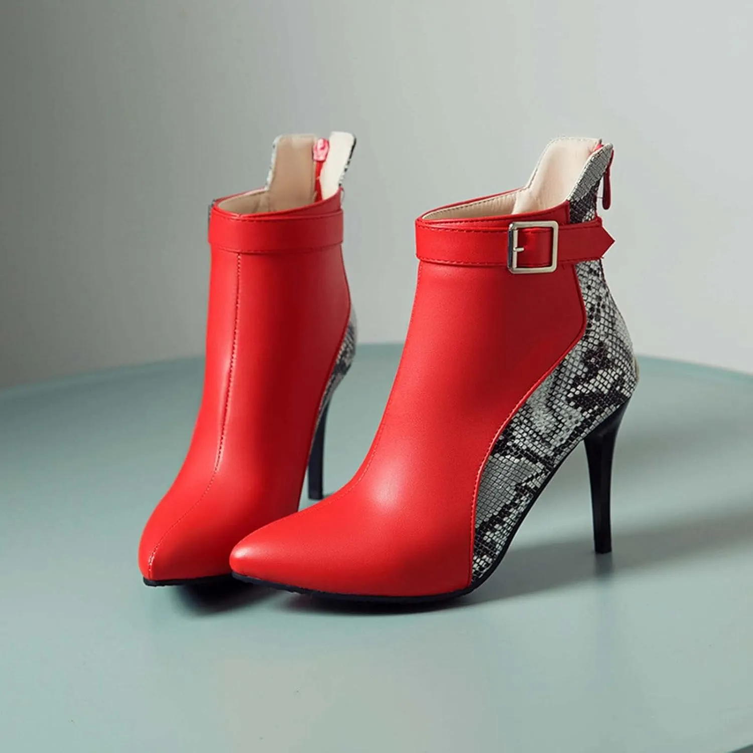 Stiletto Ankle Boots for Women - 2021 Fashion Pointed Toe Back Zipper Belt Buckle Snake Pattern Stitching Short Booties Casual High Heels Shoes