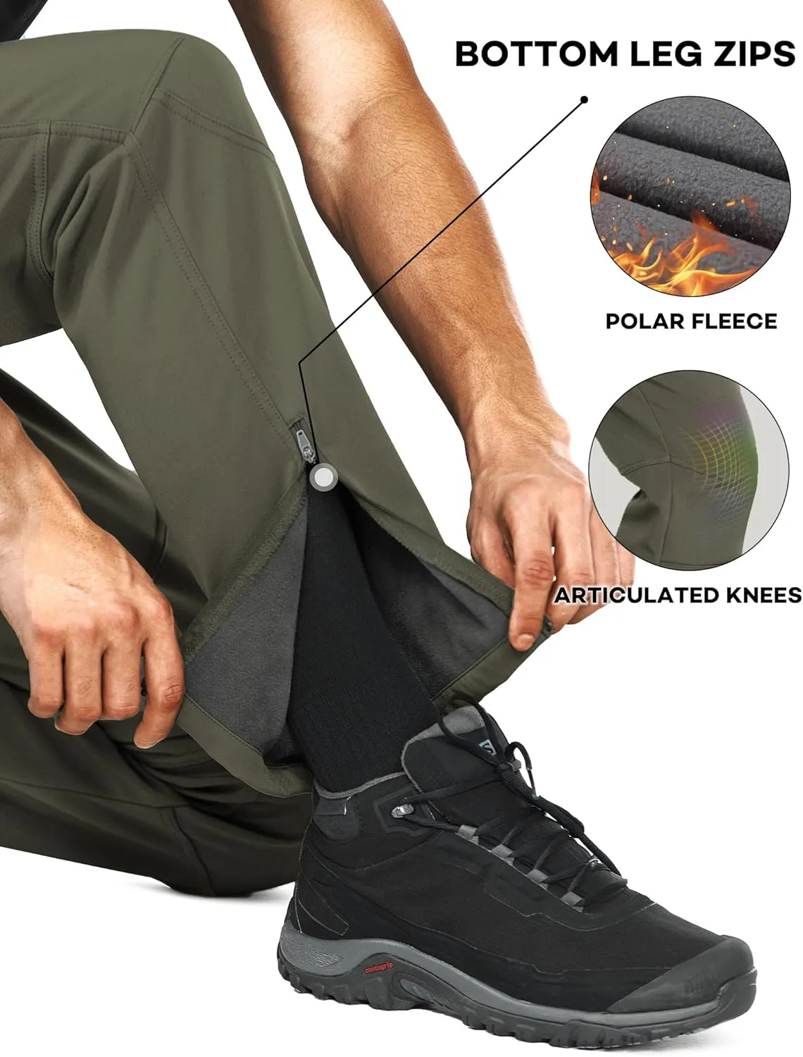 Stlight Mens Snow Ski Water Repellent Softshell Pants for Winter Hiking Fleece Lined Bottom Leg Zipper with 6 Zip Pockets