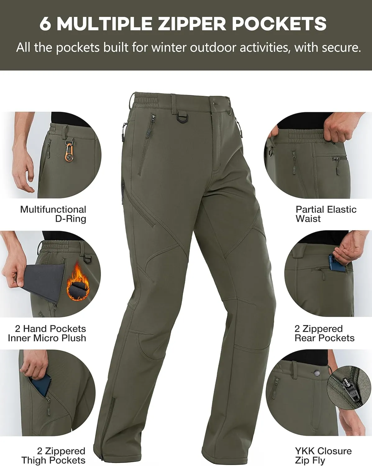Stlight Mens Snow Ski Water Repellent Softshell Pants for Winter Hiking Fleece Lined Bottom Leg Zipper with 6 Zip Pockets